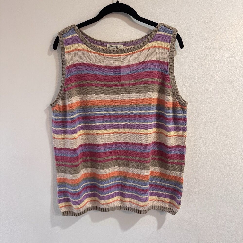 Vintage 90s Y2K Eddie Bauer Sweater Shirt Tank Top XXL Tall Rainbow Stripe Knit